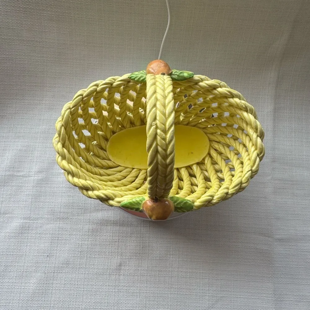 Spanish Yellow Woven Porcelain Basket with Handle and Flowers